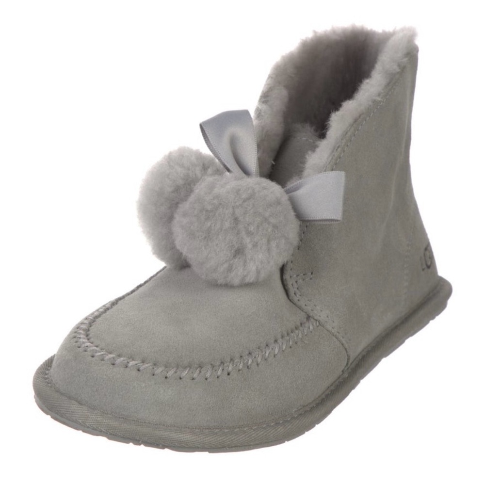 Women’s UGG KALLEN Suede Ankle Pom-Pom Lace-Up Boots SLIPPERS Grey HOUSE SHOES 6